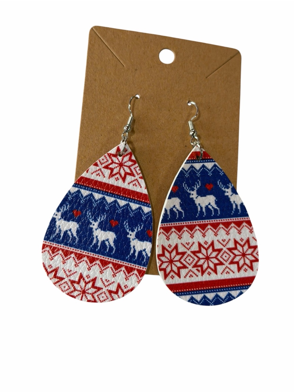 Holiday Teardrop Reindeer Print Earrings - Blue & Red